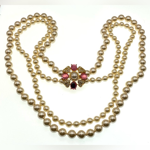 Vintage Jewelry - Vintage Signed Deidre Hall Long 2 Strand Faux Pearl Necklace Pink Floral Clasp